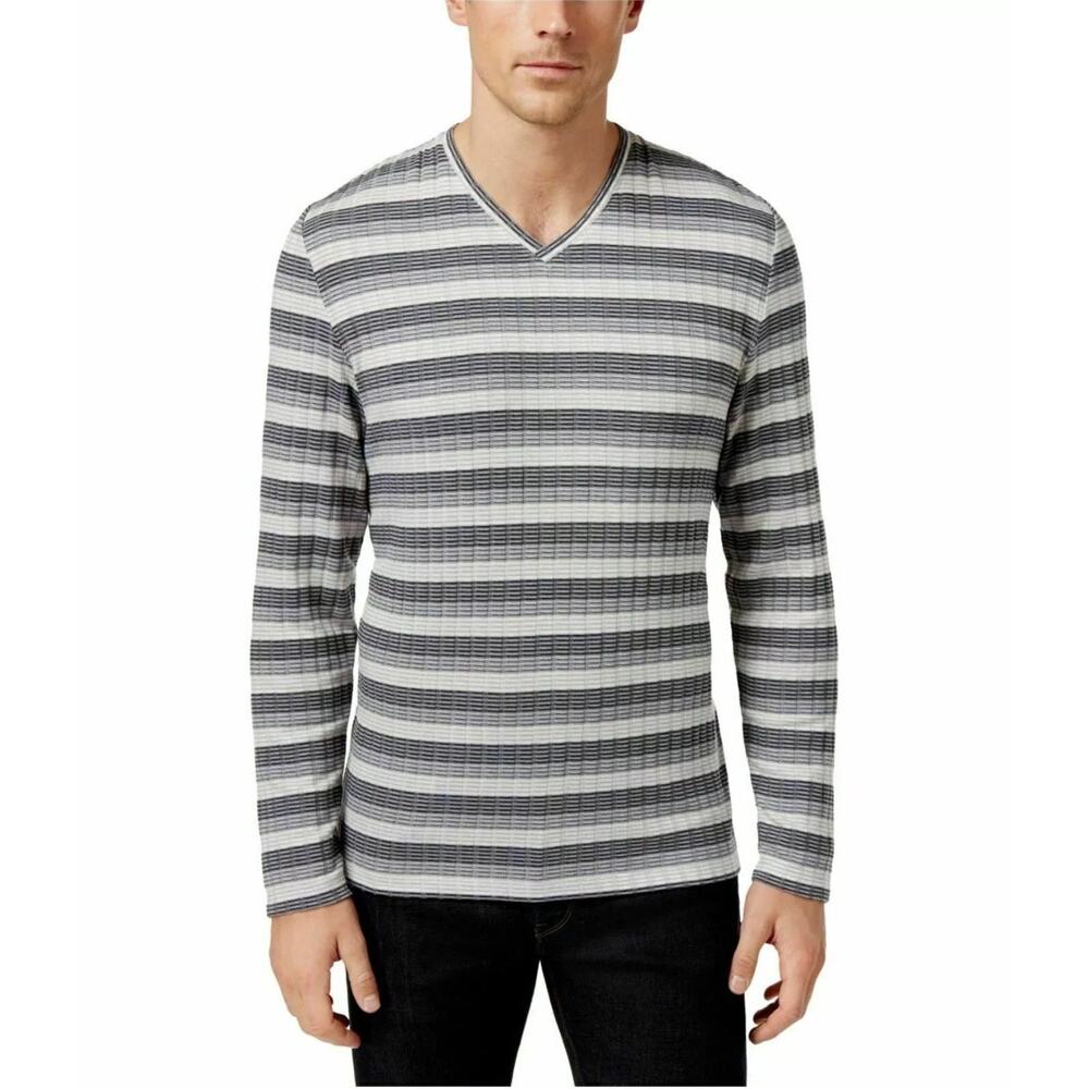 Alfani Sweater Mens Small Gray White Ribbed Striped‎ V Neck Preppy Heritage